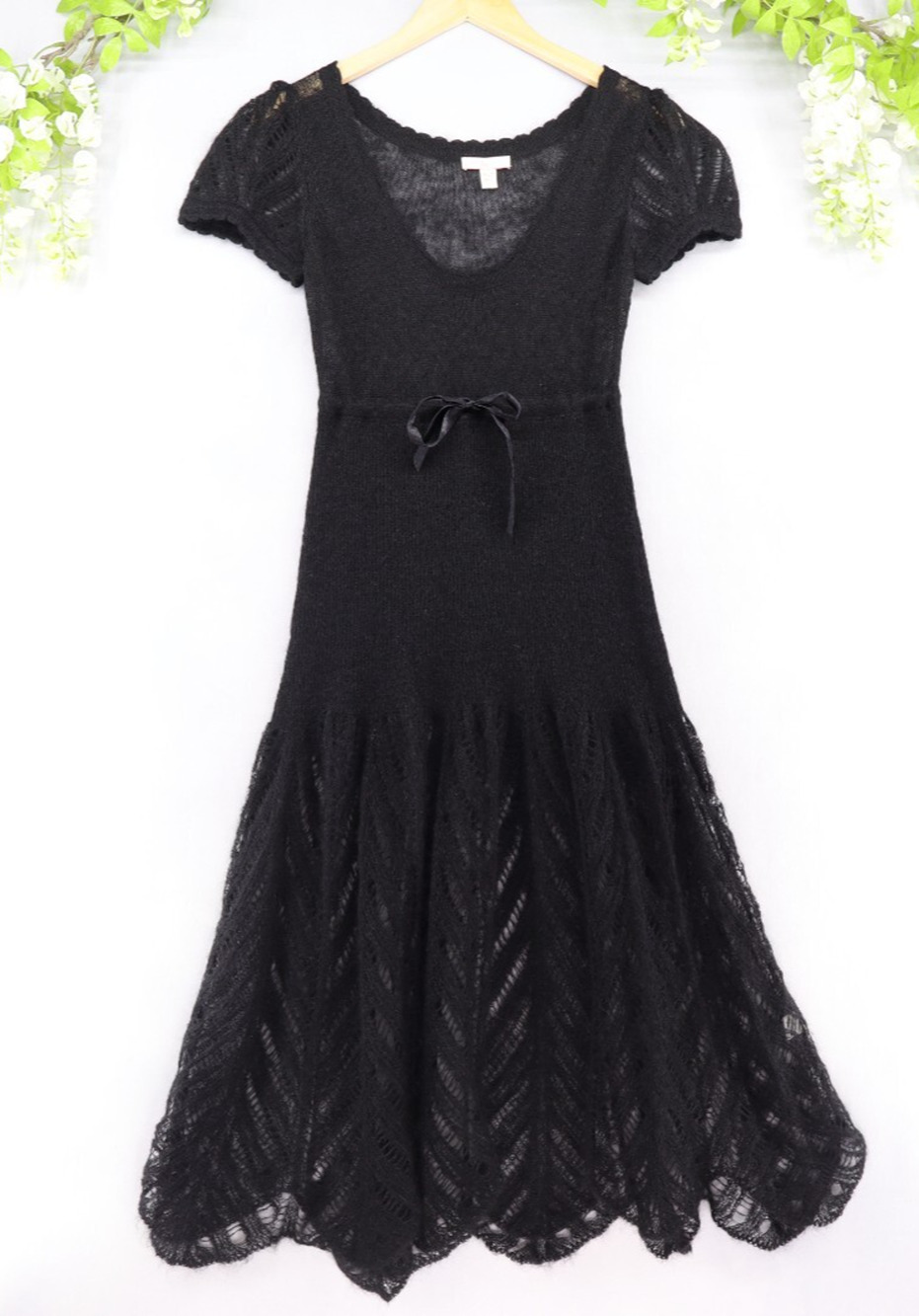 Urban Outfitters M Open Knit Mohair Blend Midi Dress Black Y2k Short Sleeve - Picture 1 of 10